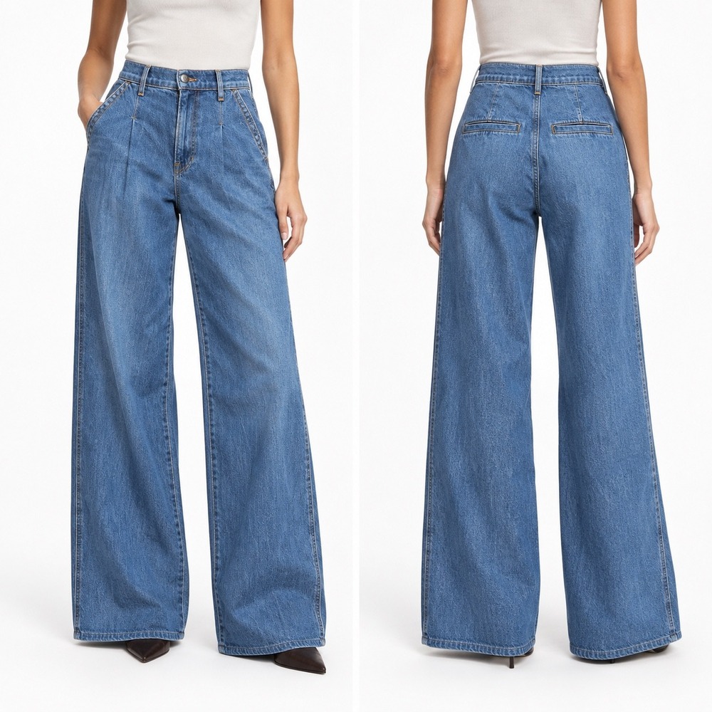 Veronica Beard Mia Wide Leg Trouser Jeans 28 High Rise Blue Pleated Capsule